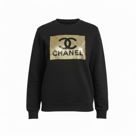 lack Sweatshirt with Gold Sequin CC Logo Panel