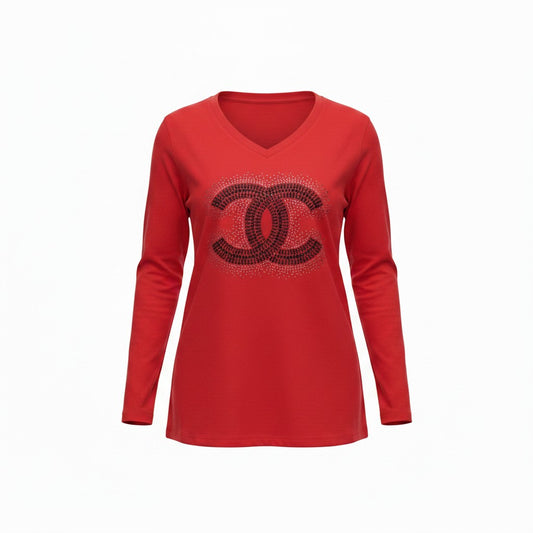 Red CC V-Neck Long Sleeve Tee