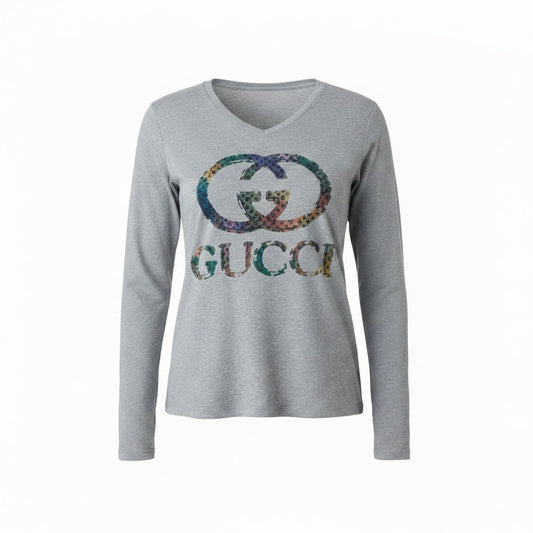 Grey GG Logo V-Neck Long Sleeve Tee