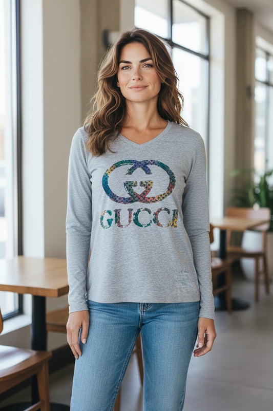 Grey GG Logo V-Neck Long Sleeve Tee