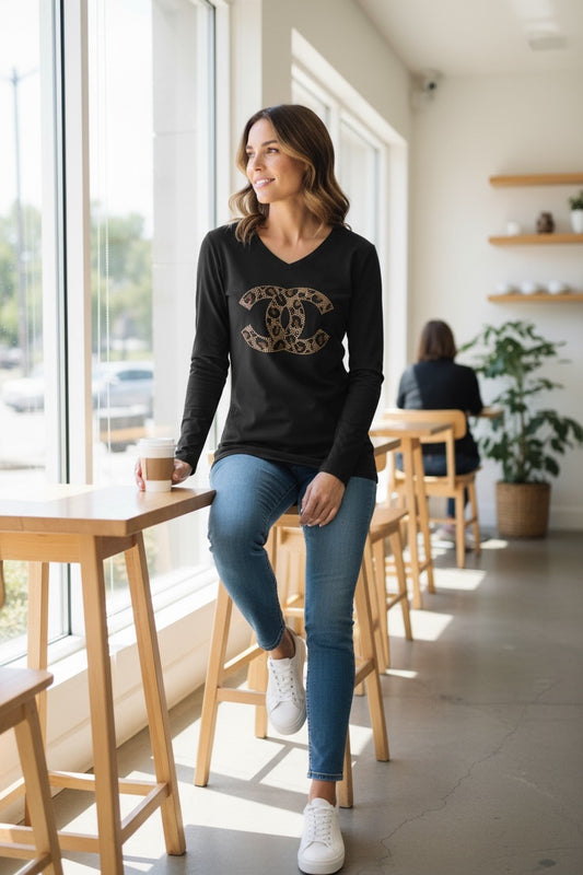 Black Leopard CC V-Neck Long Sleeve Tee