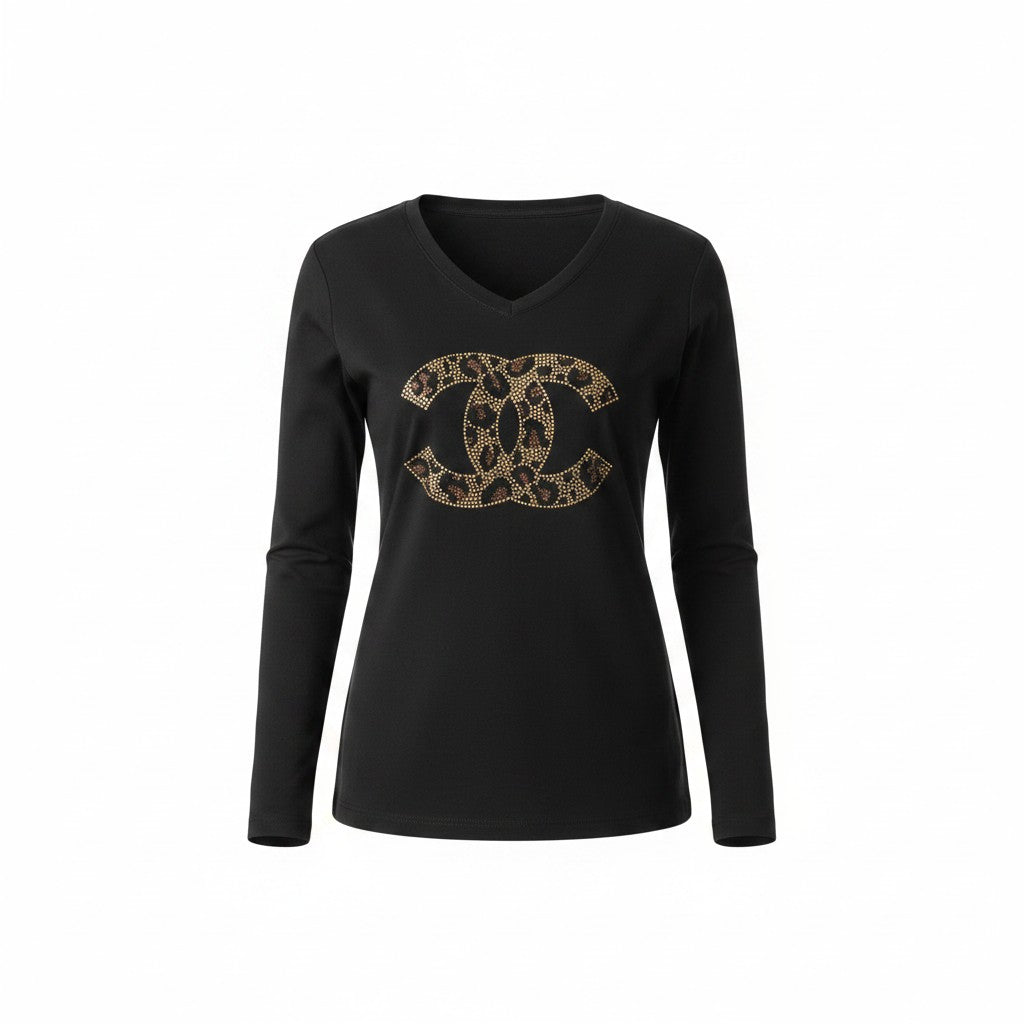Black Leopard CC V-Neck Long Sleeve Tee