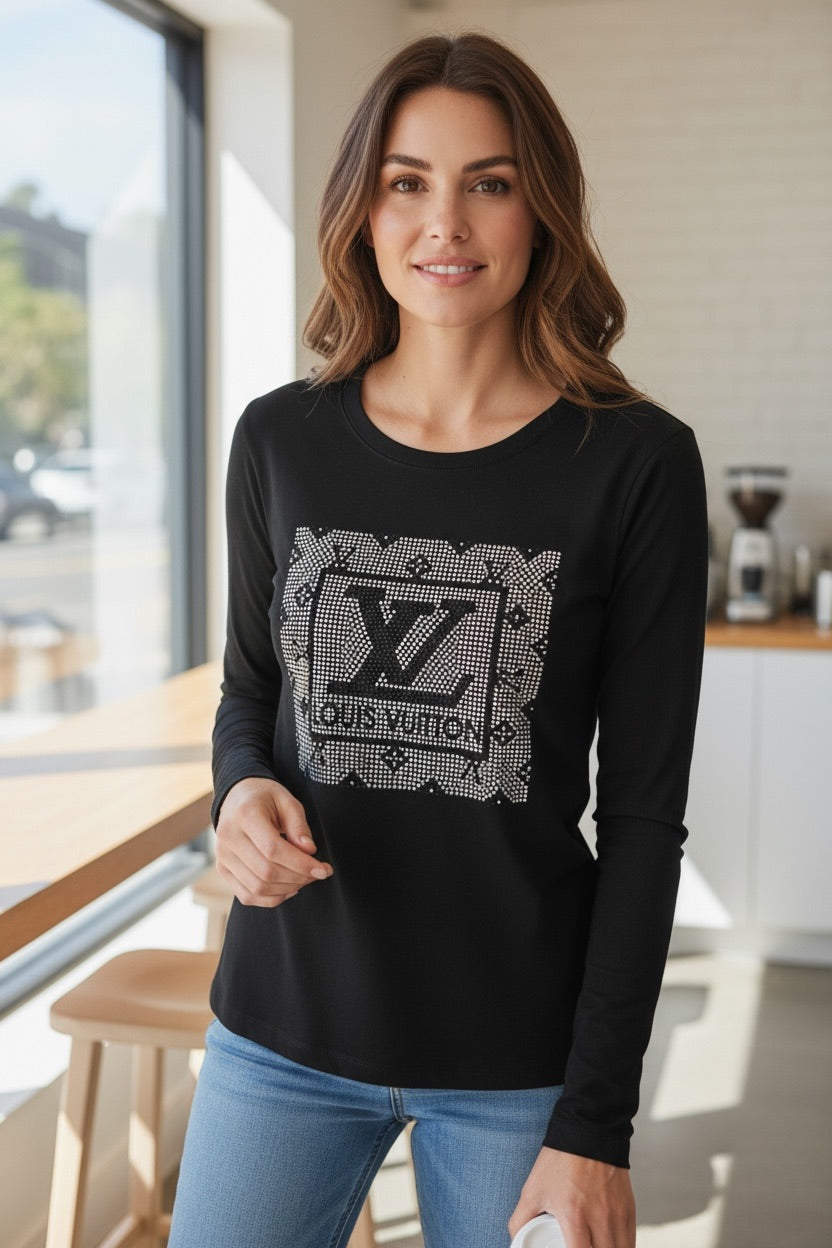 Black Rhinestone LV Square Emblem Long Sleeve Tee