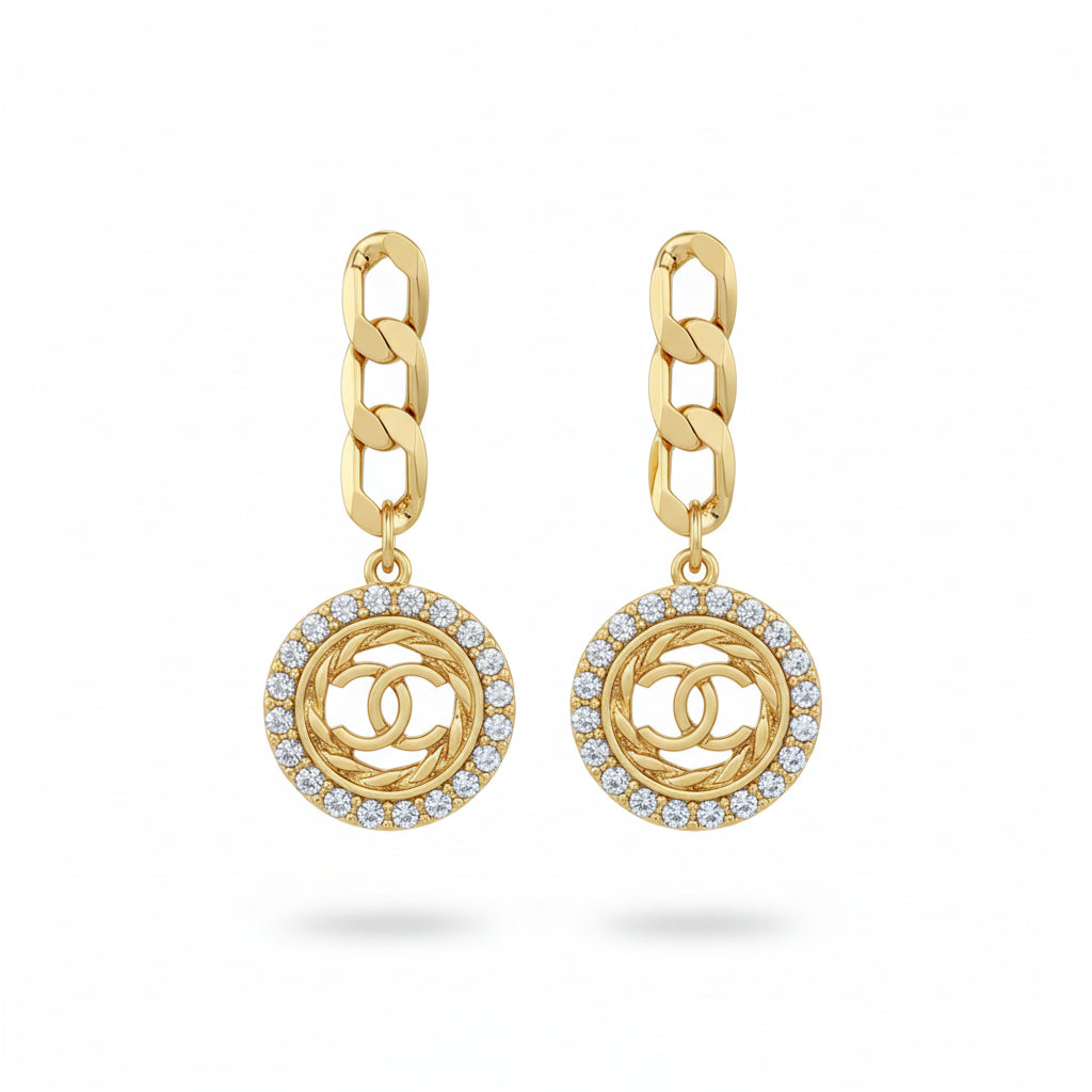 Pave Halo Disc Chain Stud Drop Earrings