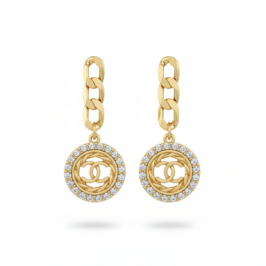 Pave Halo Disc Chain Stud Drop Earrings