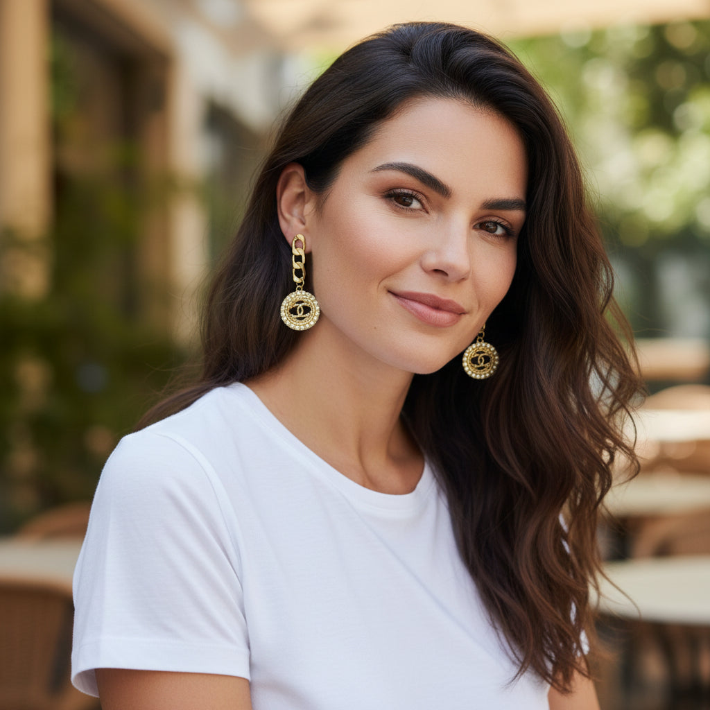 Pave Halo Disc Chain Stud Drop Earrings