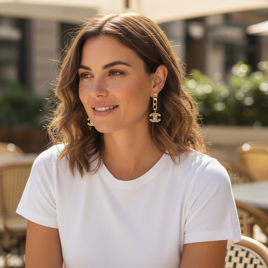 Pave CC Chain Stud Drop Earrings