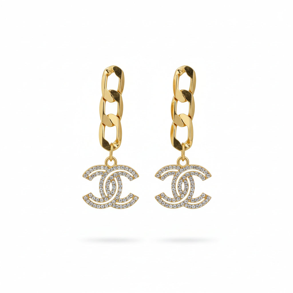 Pave CC Chain Stud Drop Earrings