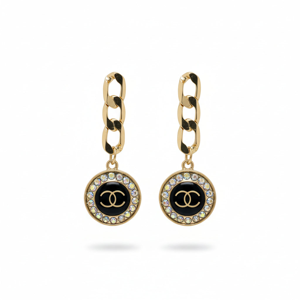 AB Halo Noir Disc Chain Stud Drop Earrings
