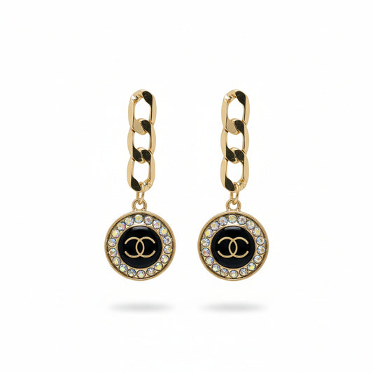AB Halo Noir Disc Chain Stud Drop Earrings
