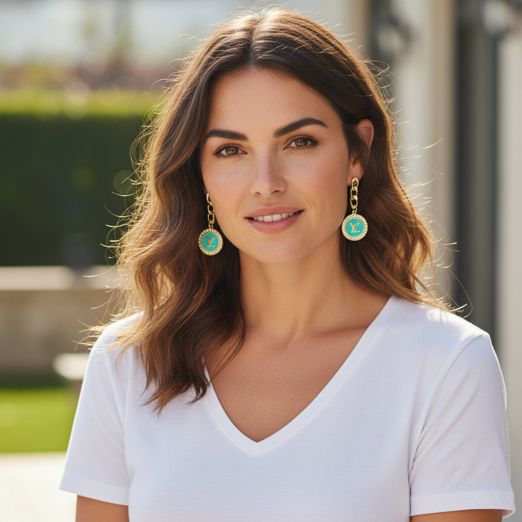 Teal Pave LV Charm Chain Stud Drop Earrings