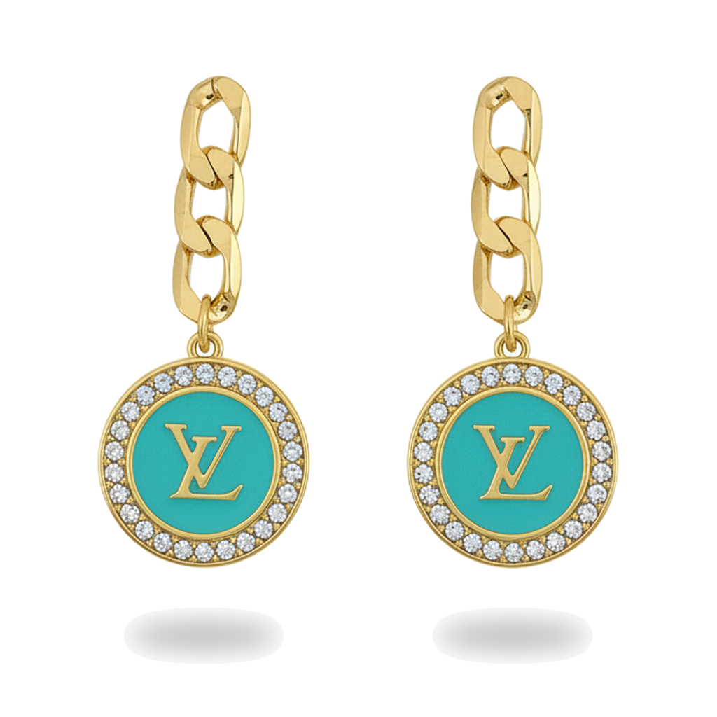Teal Pave LV Charm Chain Stud Drop Earrings