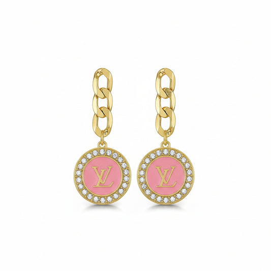 Light Pink Pave LV Charm Chain Stud Drop Earrings