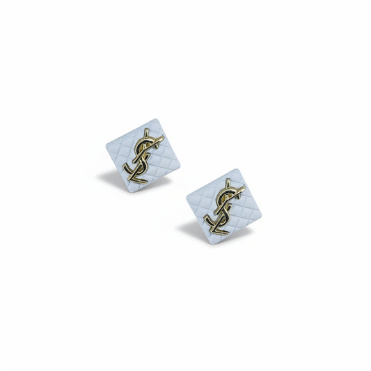 Quilted White & Gold Logo Stud Earrings