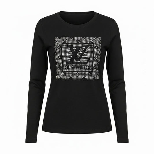 Black Rhinestone LV Square Emblem Long Sleeve Tee