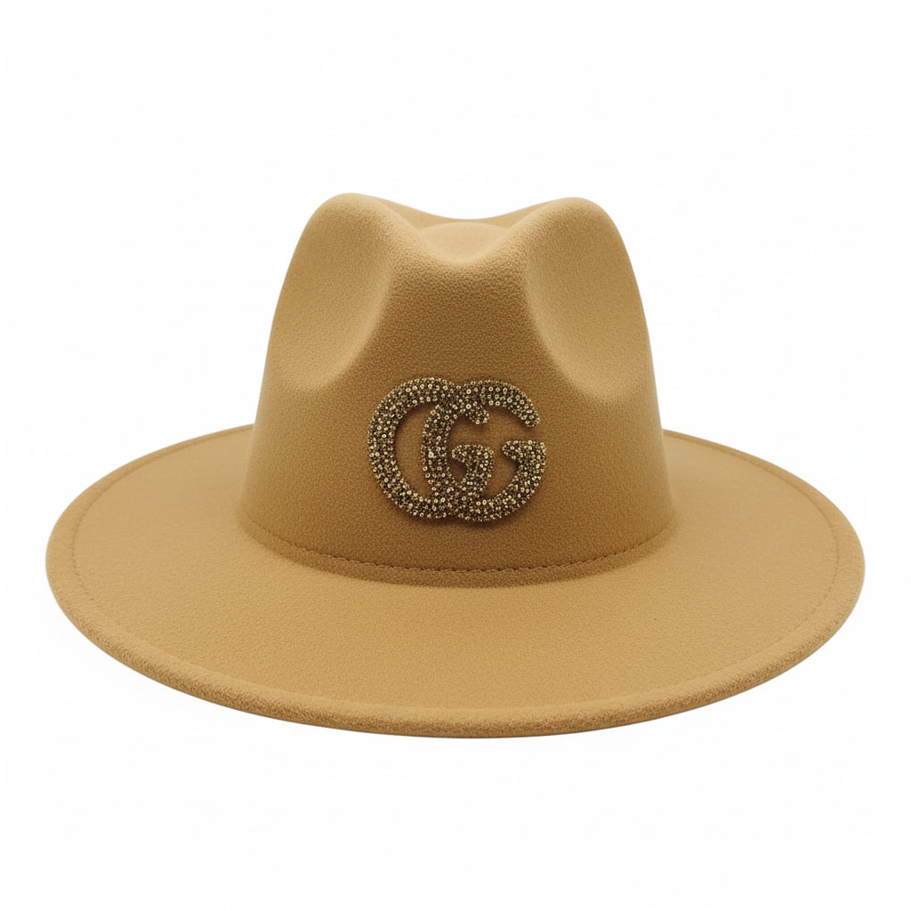 Tan GG Gold Bling Felt Fedora