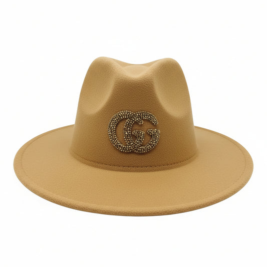 Tan GG Gold Bling Felt Fedora