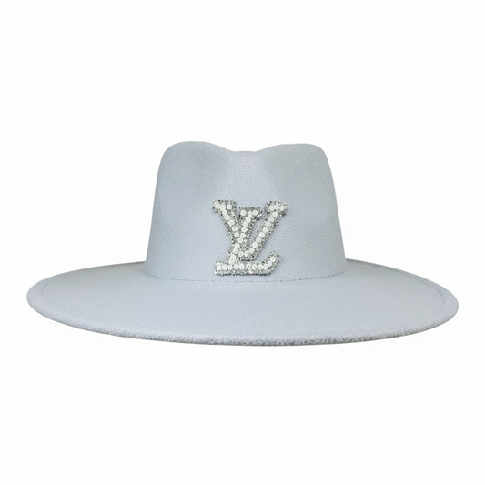 Pearl Rhinestone Monogram Grey Felt Fedora