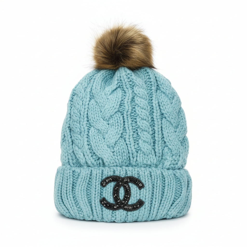 Light Blue Cable Knit Rhinestone Icon Pom Beanie