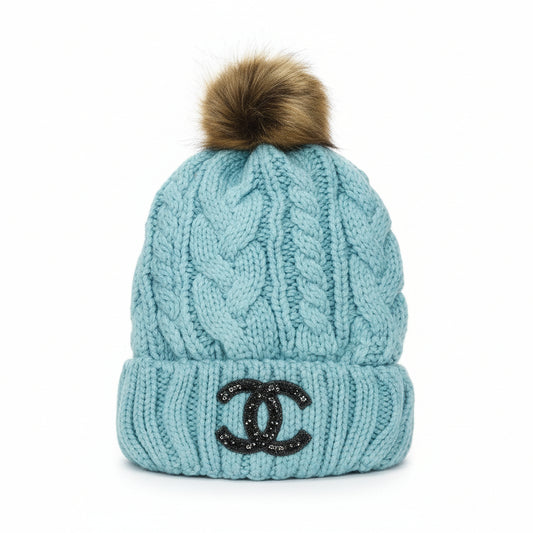 Light Blue Cable Knit Rhinestone Icon Pom Beanie
