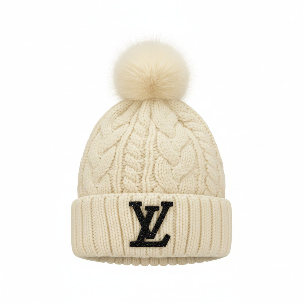 Cream Pom Beanie with Black Rhinestone Monogram