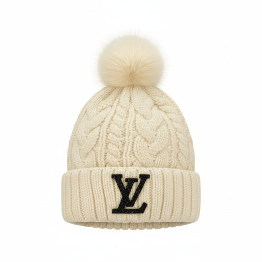 Cream Pom Beanie with Black Rhinestone Monogram