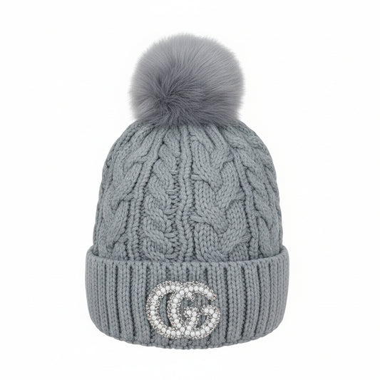 Grey Fleece-Lined GG Pearl Pompom Beanie