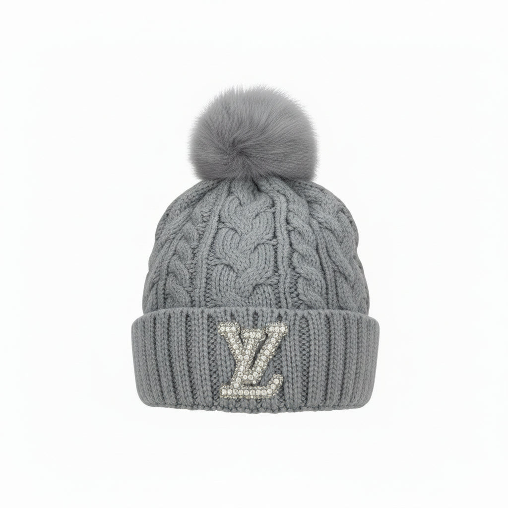 Fleece-Lined Gray Cable Knit Pom Beanie with Pearl & Rhinestone Bling