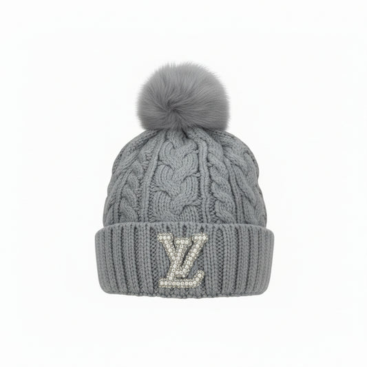 Fleece-Lined Gray Cable Knit Pom Beanie with Pearl & Rhinestone Bling