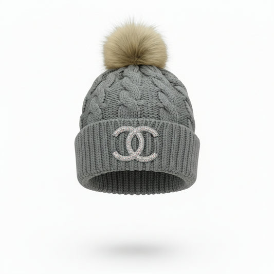 Gray Cable Knit Rhinestone Icon Pom Beanie