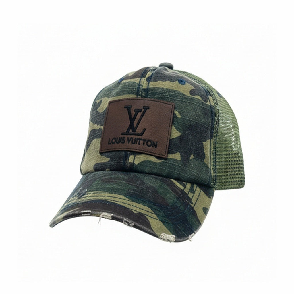 Distressed Camo Ponytail Trucker Hat with Brown LV Patch
