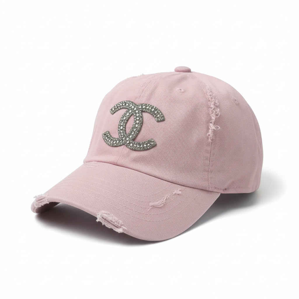 Light Pink Rhinestone Icon Distressed Ponytail Hat