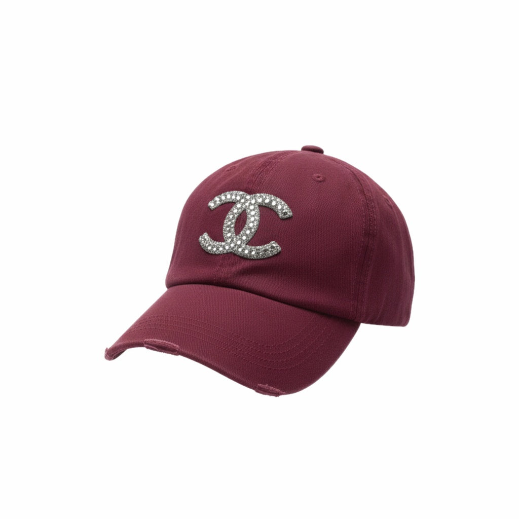 Burgundy Rhinestone Icon Distressed Ponytail Hat