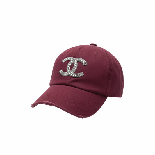 Burgundy Rhinestone Icon Distressed Ponytail Hat