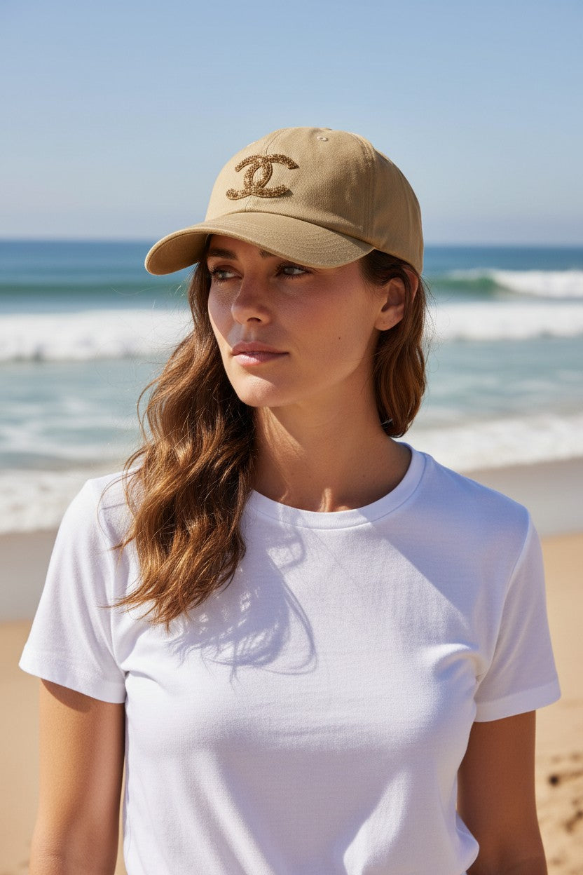 Khaki Gold Rhinestone Icon Textured Hat