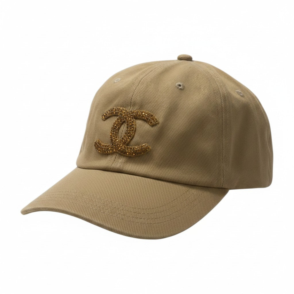 Khaki Gold Rhinestone Icon Textured Hat
