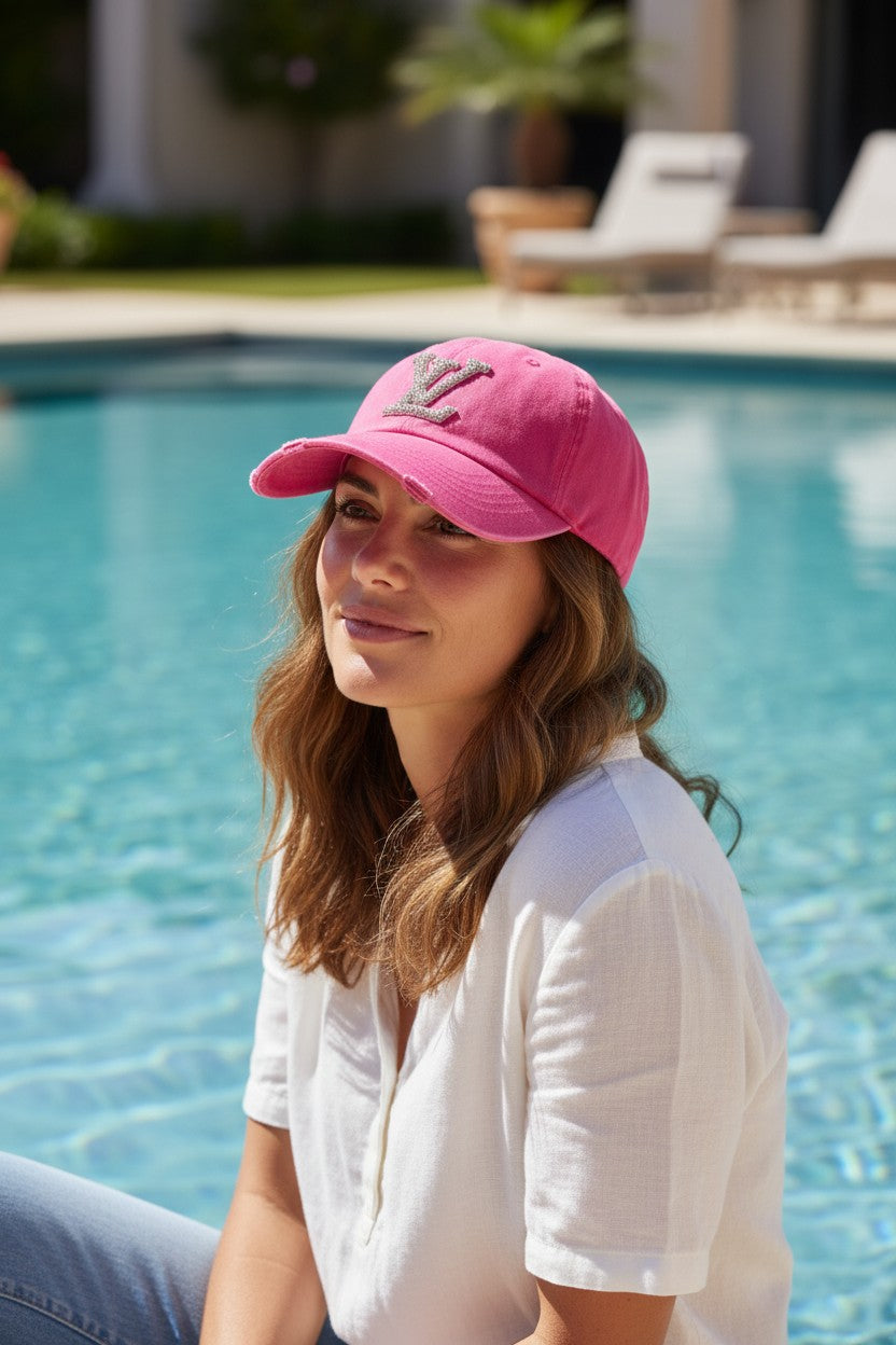 Magenta Multi Rhinestone Icon Distressed Ponytail Hat