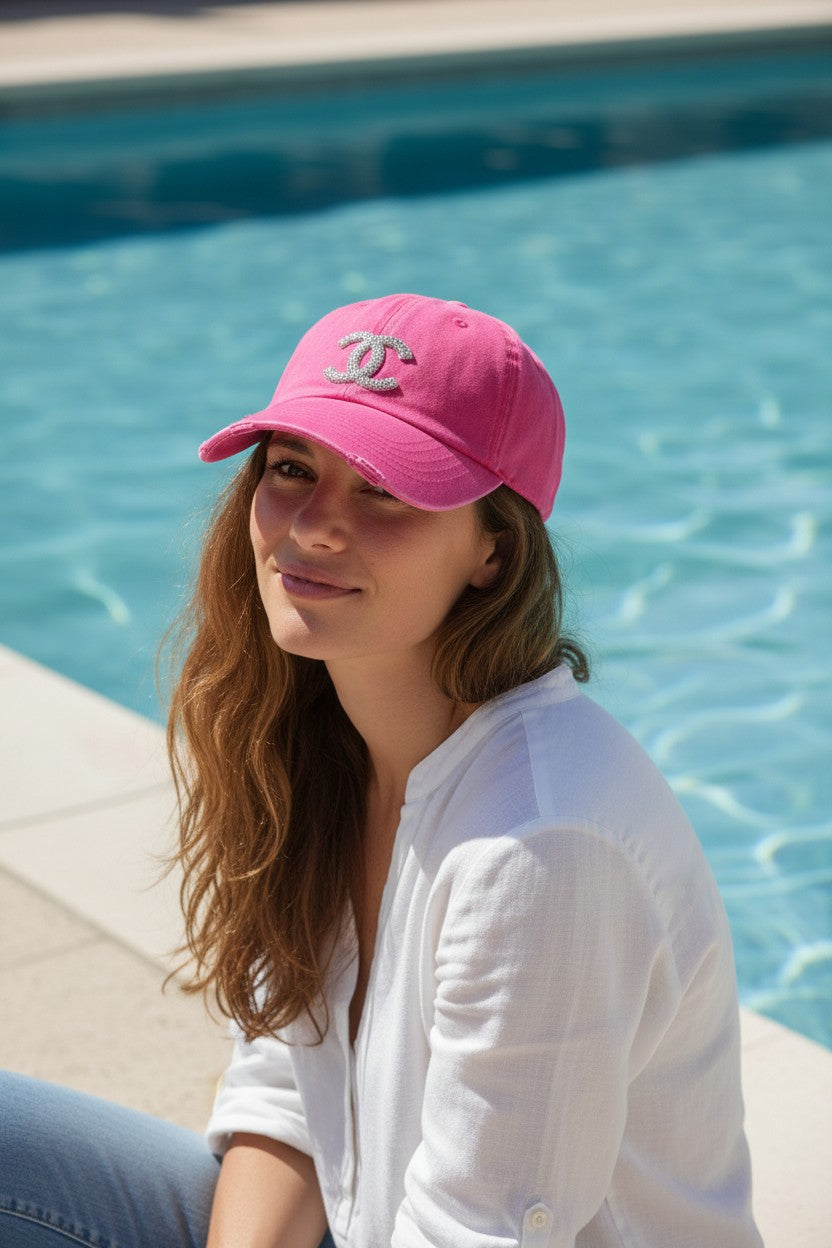 Magenta Clear AB Rhinestone Icon Distressed Ponytail Hat