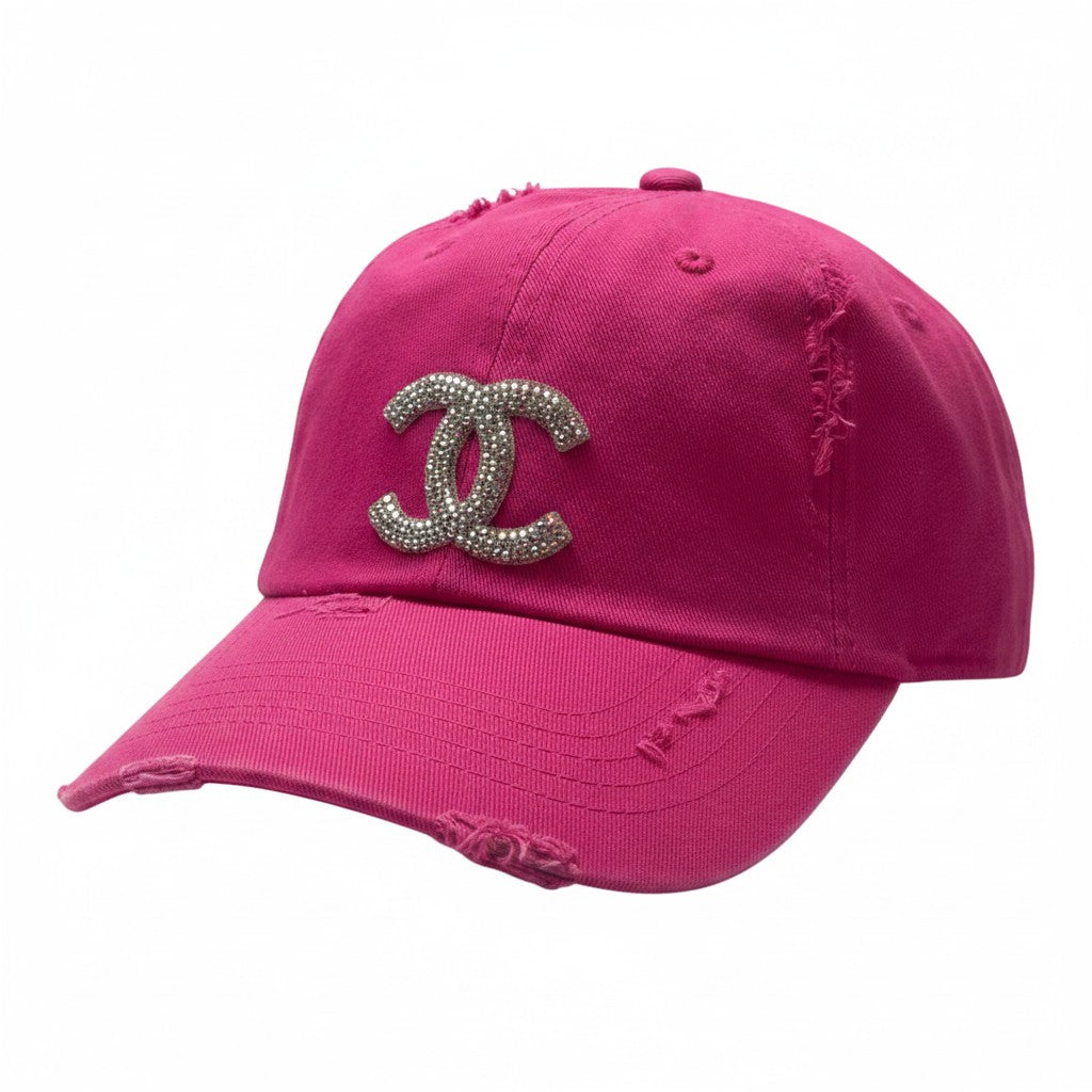 Magenta Clear AB Rhinestone Icon Distressed Ponytail Hat