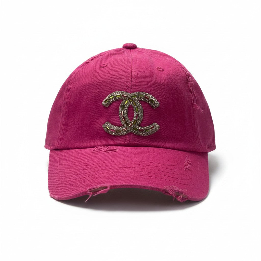 Magenta Multi Rhinestone Icon Distressed Ponytail Hat