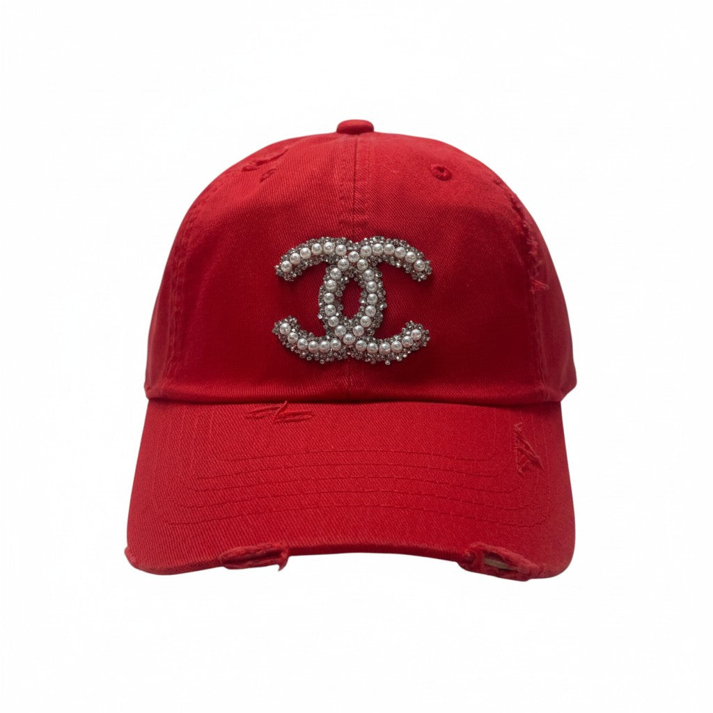 Red Pearl & Silver Glitter Icon Distressed Ponytail Hat