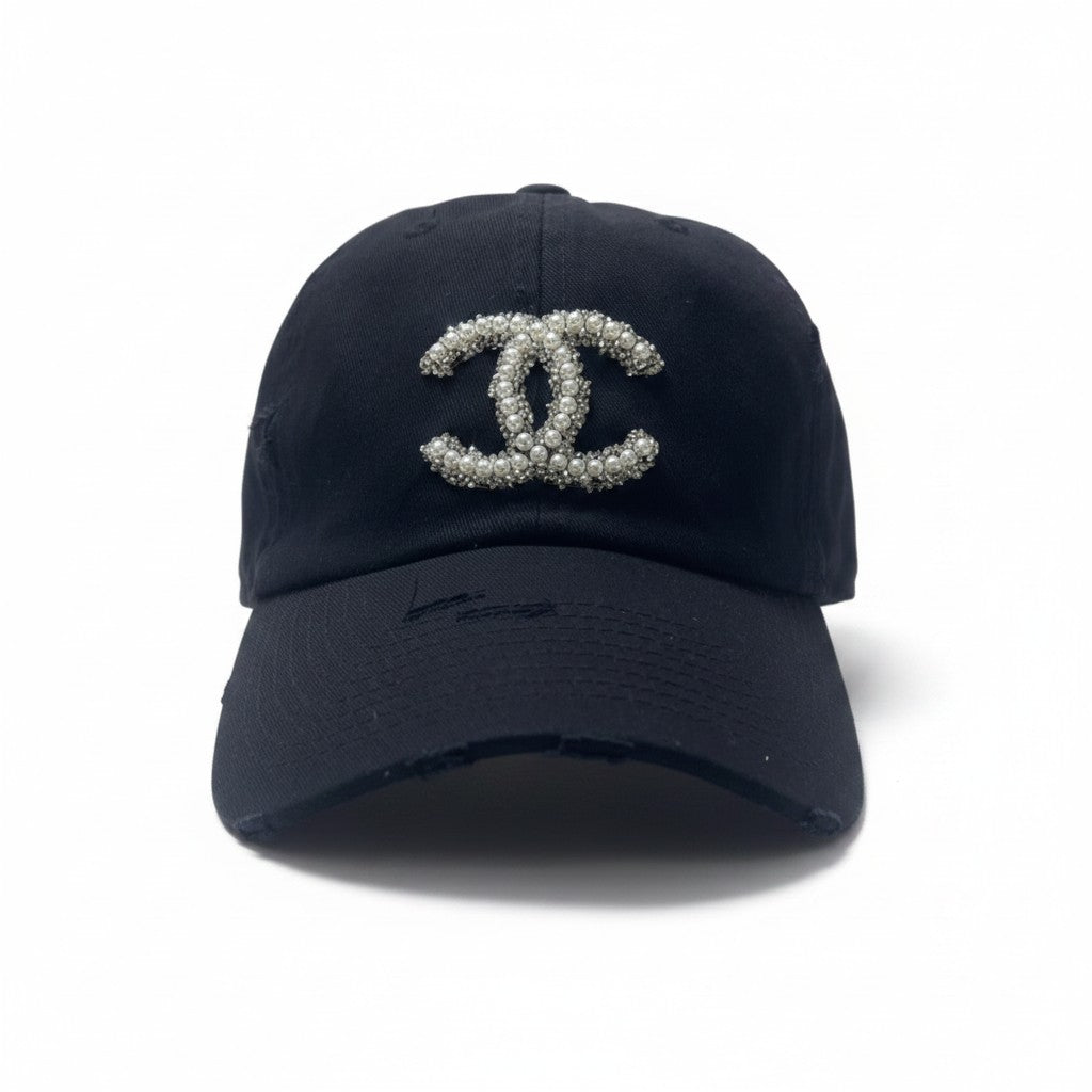 Black Pearl & Silver Glitter Icon Distressed Ponytail Hat