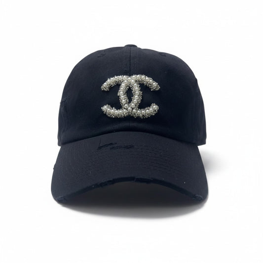 Black Pearl & Silver Glitter Icon Distressed Ponytail Hat