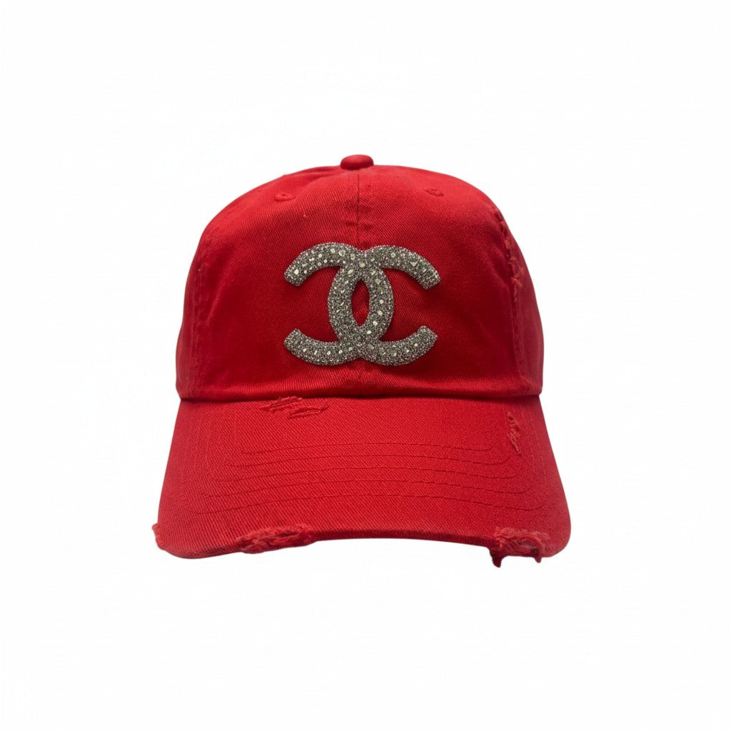 Red Rhinestone Icon Distressed Ponytail Hat