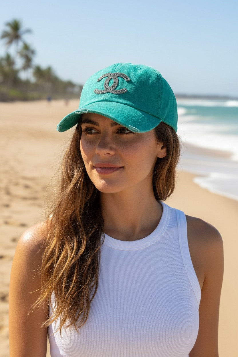 Mint Rhinestone Icon Distressed Ponytail Hat