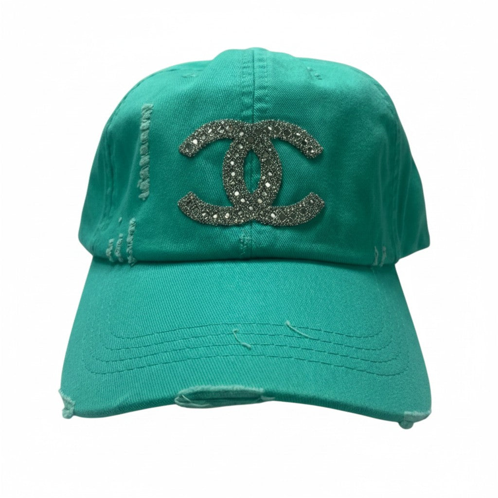 Mint Rhinestone Icon Distressed Ponytail Hat