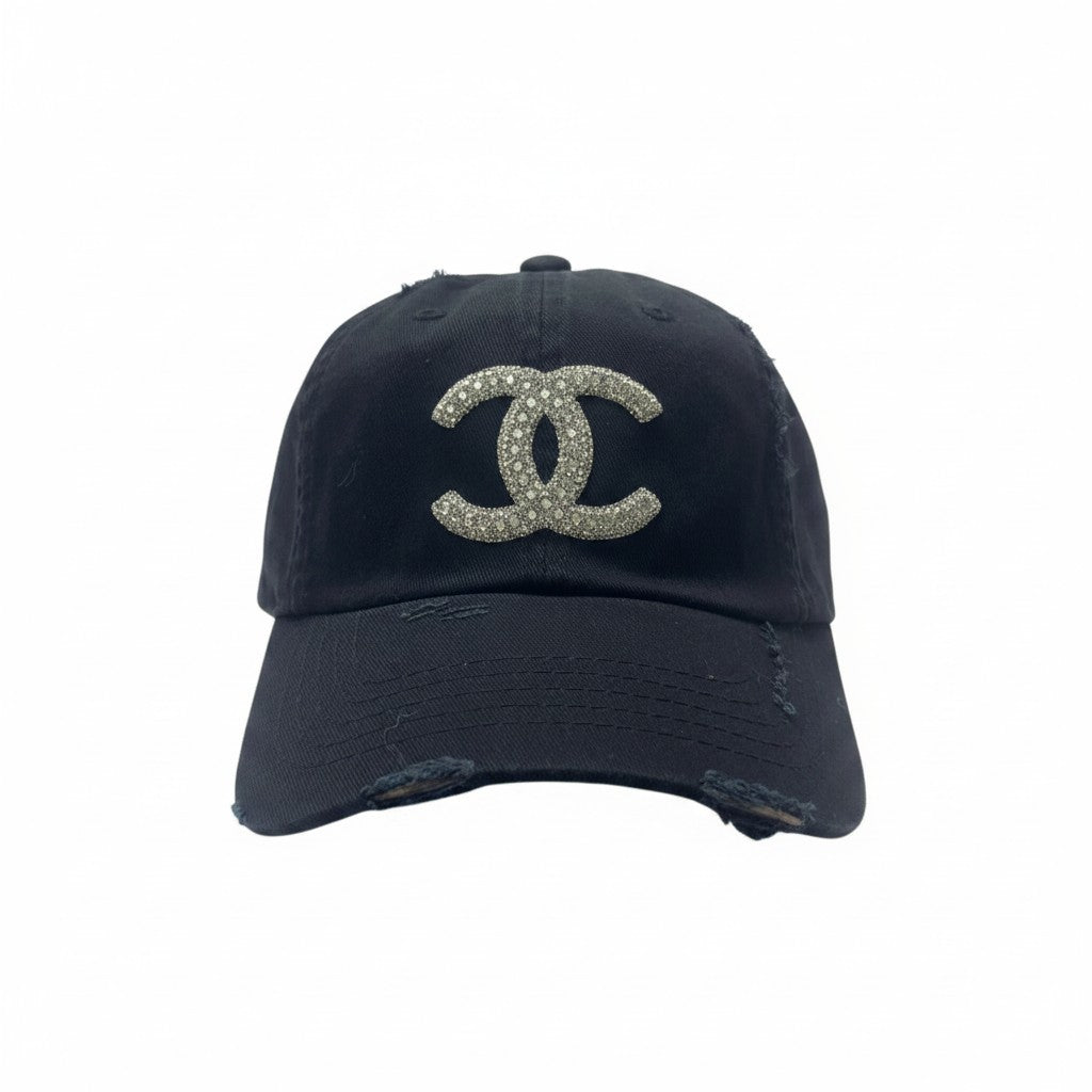 Black Rhinestone Icon Distressed Ponytail Hat
