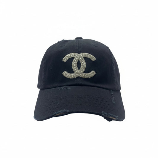 Black Rhinestone Icon Distressed Ponytail Hat