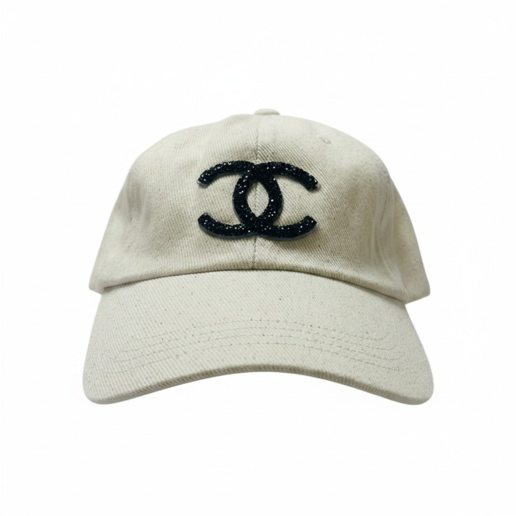 Cream Black Glitter Icon Textured Hat