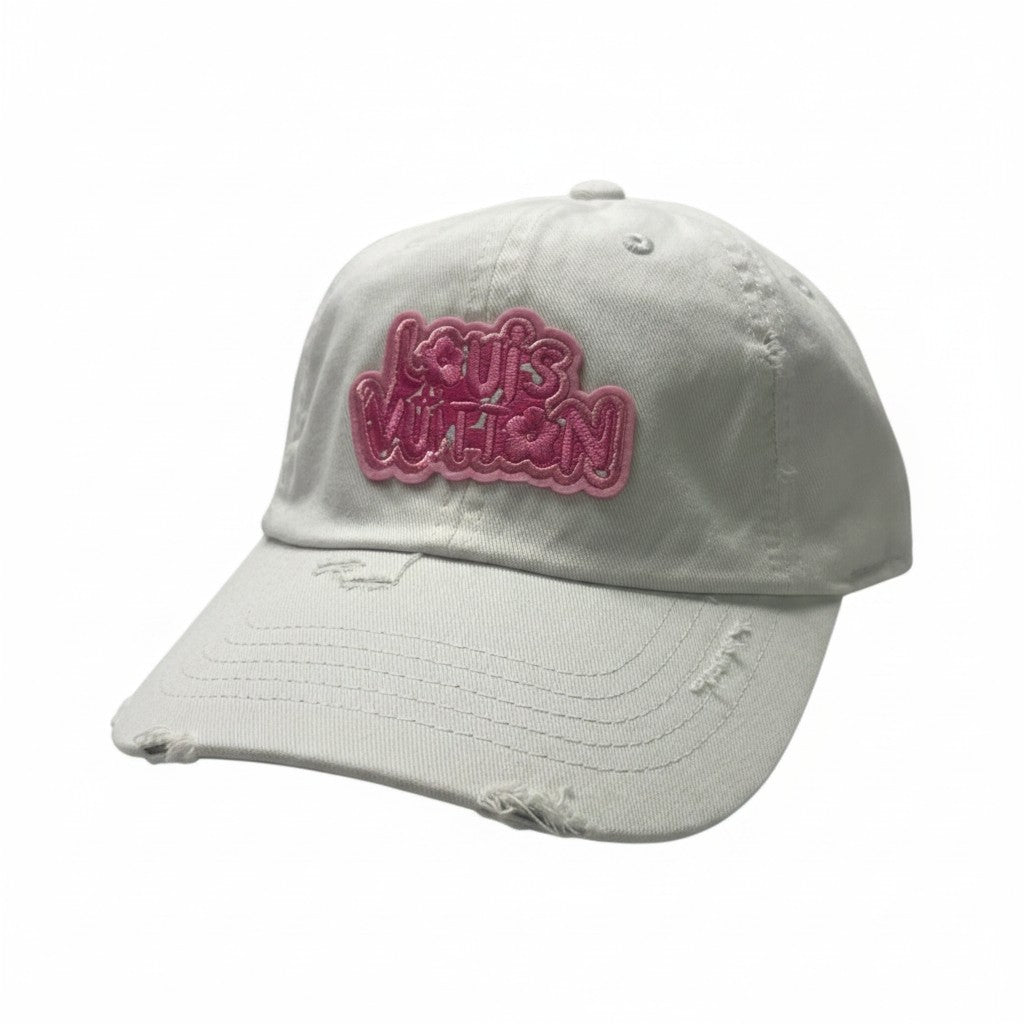 White Pink Script Patch Ponytail Hat